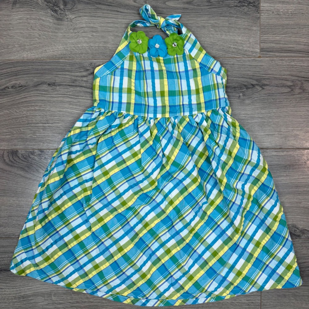 Gymboree Girls Blue Green Plaid Halter Dress 3D Flower‎ Rhinestone Size 7 NWT